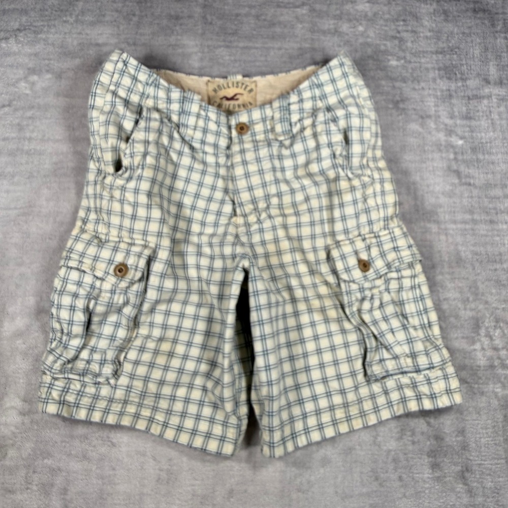 Hollister Shorts Mens 28 Cream Plaid Vintage Y2K Surf Heavy Cargo Check Skater
